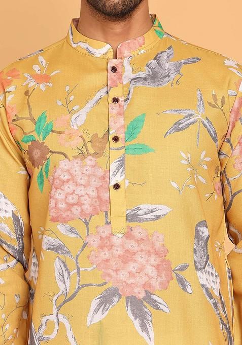 Mustard Yellow Printed Poly Blend Kurta For Men