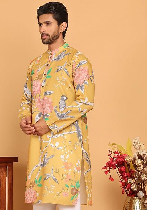 Mustard Yellow Printed Poly Blend Kurta For Men