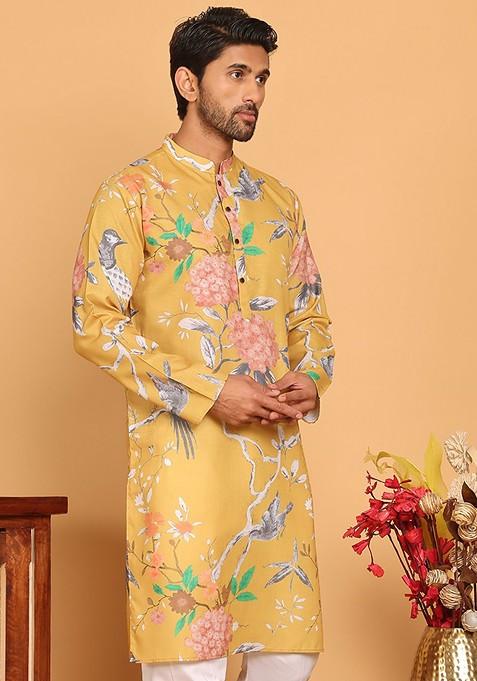 Mustard Yellow Printed Poly Blend Kurta For Men