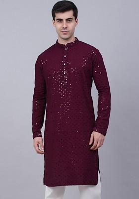 Maroon Ethnic Motif Poly Blend Kurta For Men