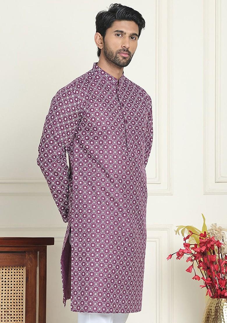 Purple Embroidered Poly Blend Kurta For Men