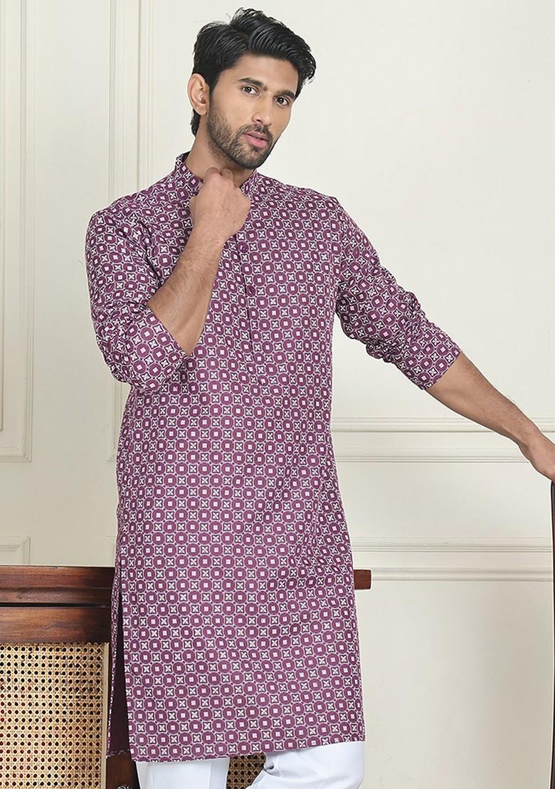 Purple Embroidered Poly Blend Kurta For Men