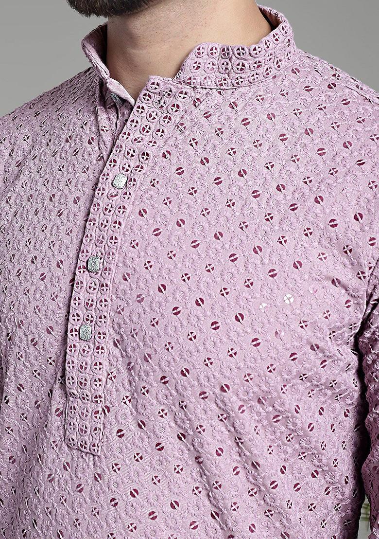 Lavender Embellished Poly Blend Kurta For Men