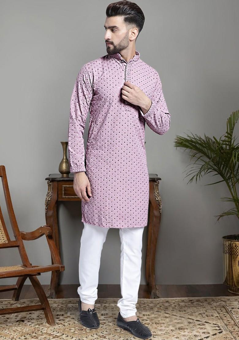 Lavender Embellished Poly Blend Kurta For Men