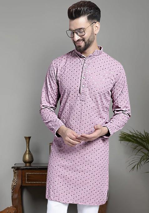 Lavender Embellished Poly Blend Kurta For Men — view on Indya