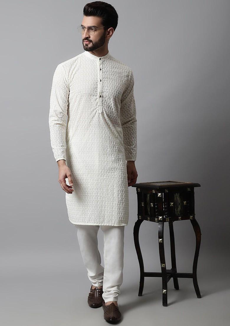 Cream Embroidered Poly Blend Kurta For Men