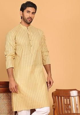 Beige Embroidered Poly Blend Kurta For Men