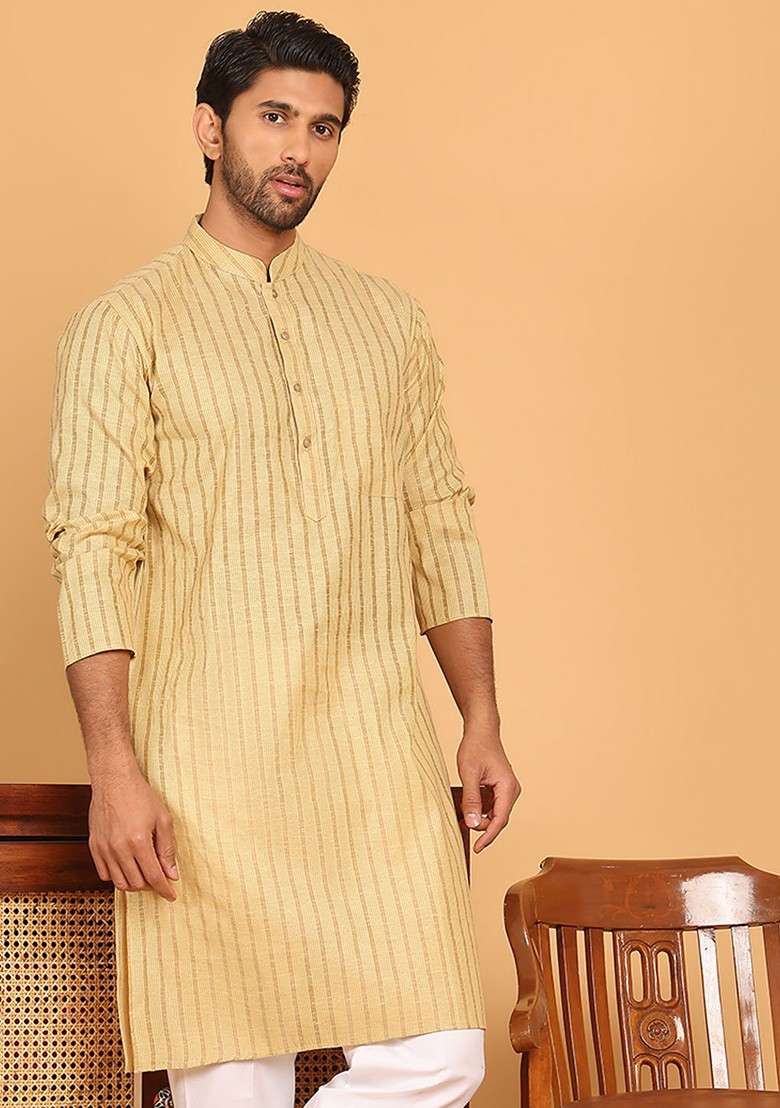Beige Embroidered Poly Blend Kurta For Men - Indya