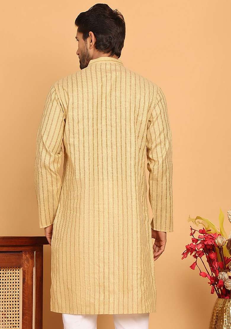 Beige Embroidered Poly Blend Kurta For Men - Indya