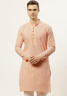 Orange Embroidered Poly Blend Kurta For Men