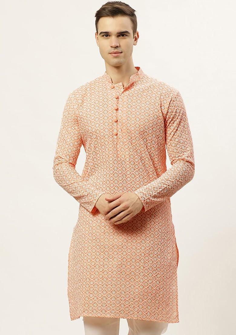 Orange Embroidered Poly Blend Kurta For Men