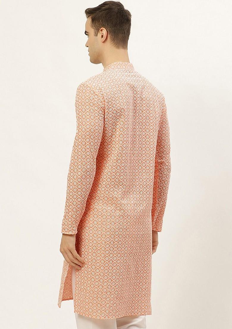 Orange Embroidered Poly Blend Kurta For Men
