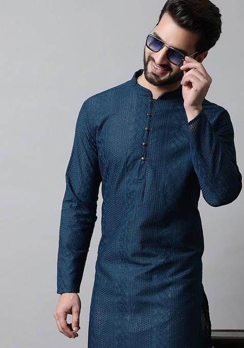 Teal Blue Embroidered Poly Blend Kurta For Men