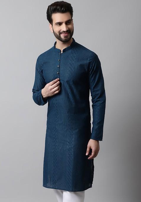 Teal Blue Embroidered Poly Blend Kurta For Men