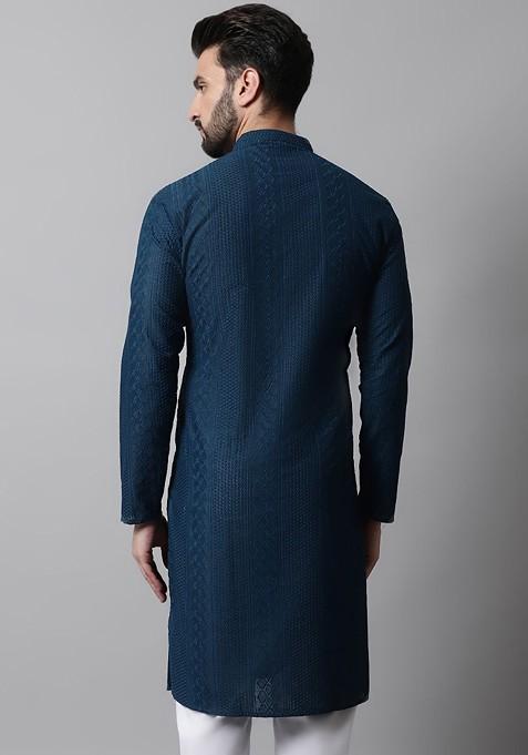 Teal Blue Embroidered Poly Blend Kurta For Men