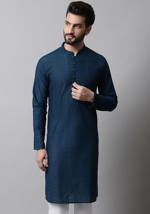 Teal Blue Embroidered Poly Blend Kurta For Men