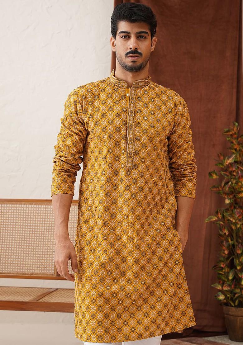 Mustard Yellow Embroidered Poly Blend Kurta For Men