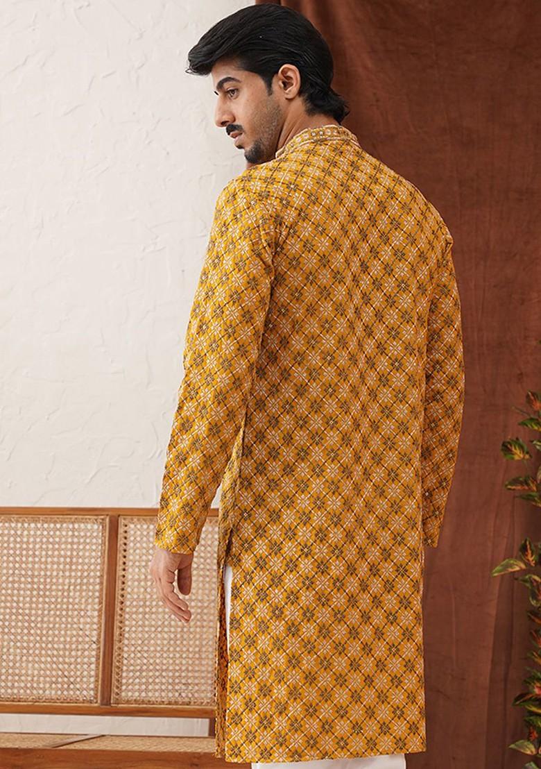 Mustard Yellow Embroidered Poly Blend Kurta For Men