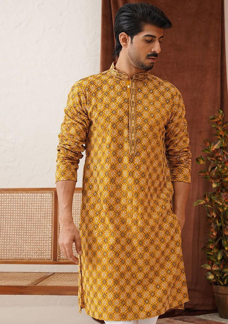 Mustard Yellow Embroidered Poly Blend Kurta For Men