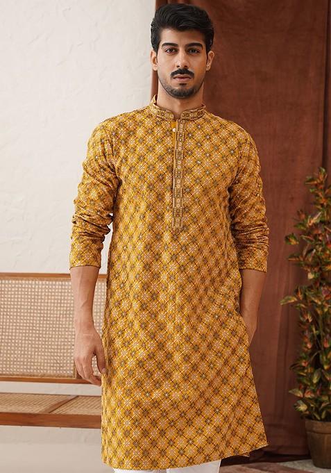 Mustard Yellow Embroidered Poly Blend Kurta For Men