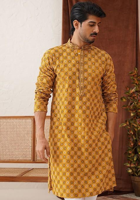 Mustard Yellow Embroidered Poly Blend Kurta For Men