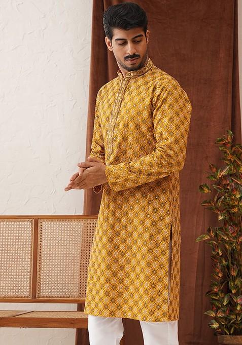 Mustard Yellow Embroidered Poly Blend Kurta For Men