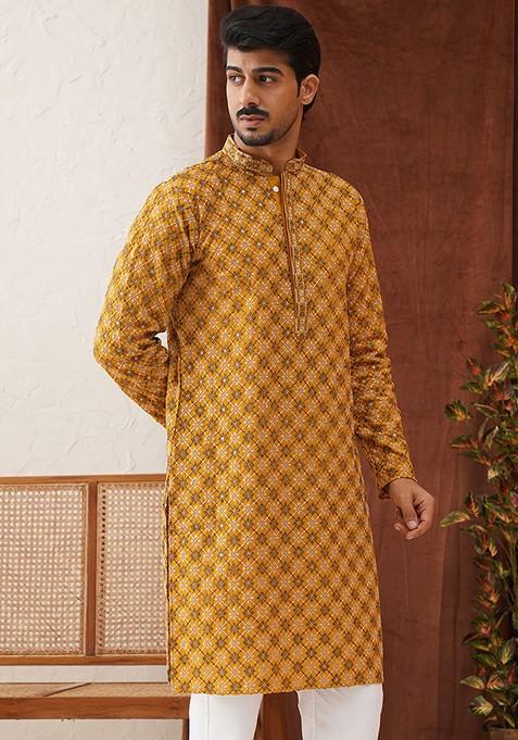 Mustard Yellow Embroidered Poly Blend Kurta For Men