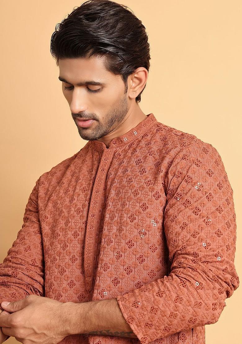 Rust Brown Embroidered Poly Blend Kurta For Men