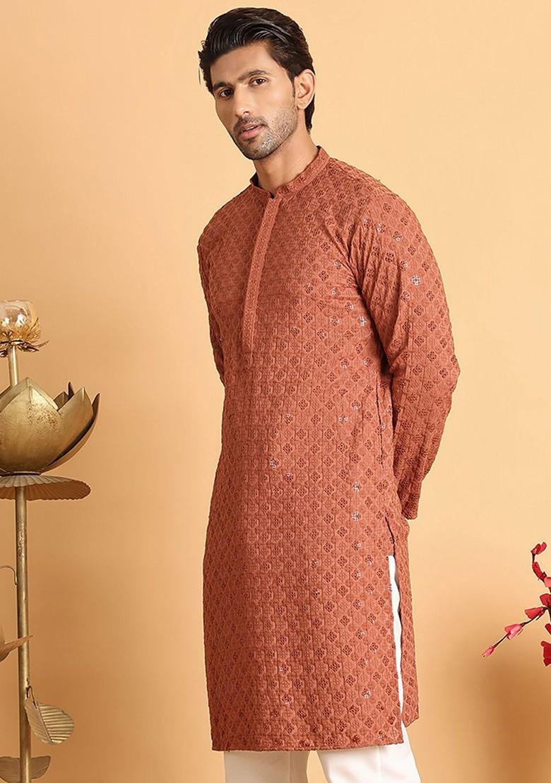 Rust Brown Embroidered Poly Blend Kurta For Men