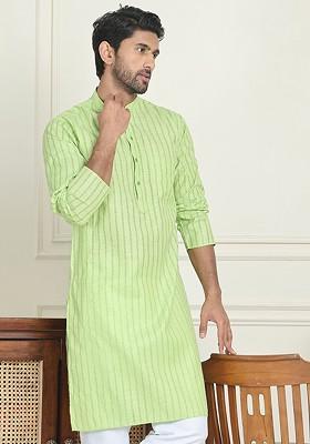 Green Embroidered Poly Blend Kurta For Men