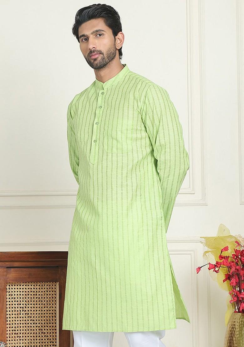 Green Embroidered Poly Blend Kurta For Men