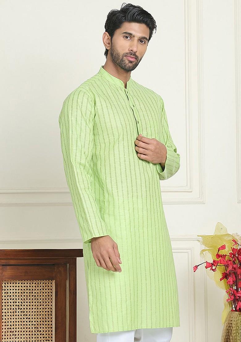 Green Embroidered Poly Blend Kurta For Men