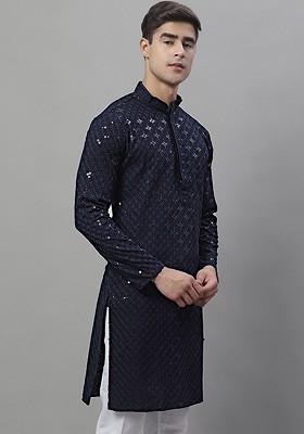 Navy Blue Ethnic Motif Poly Blend Kurta For Men