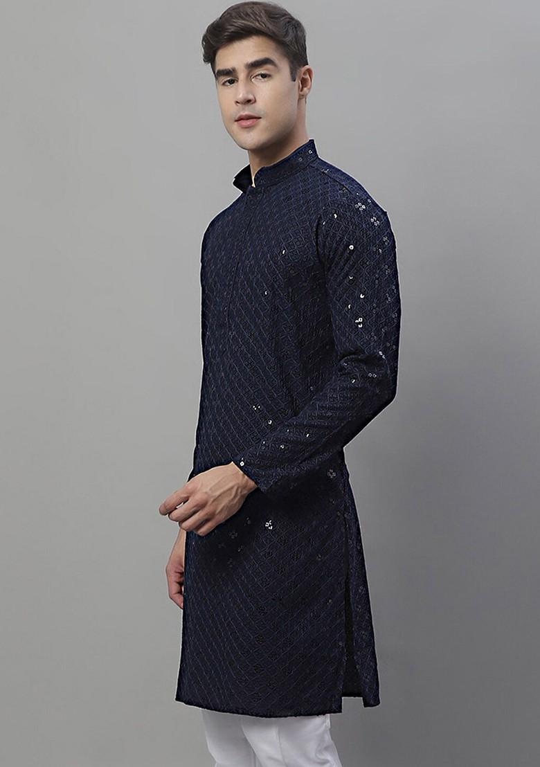 Navy Blue Ethnic Motif Poly Blend Kurta For Men