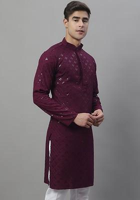 Purple Ethnic Motif Poly Blend Kurta For Men