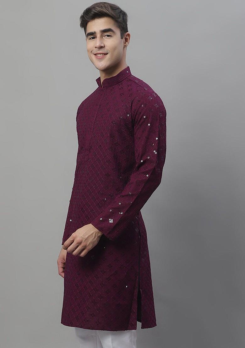 Purple Ethnic Motif Poly Blend Kurta For Men