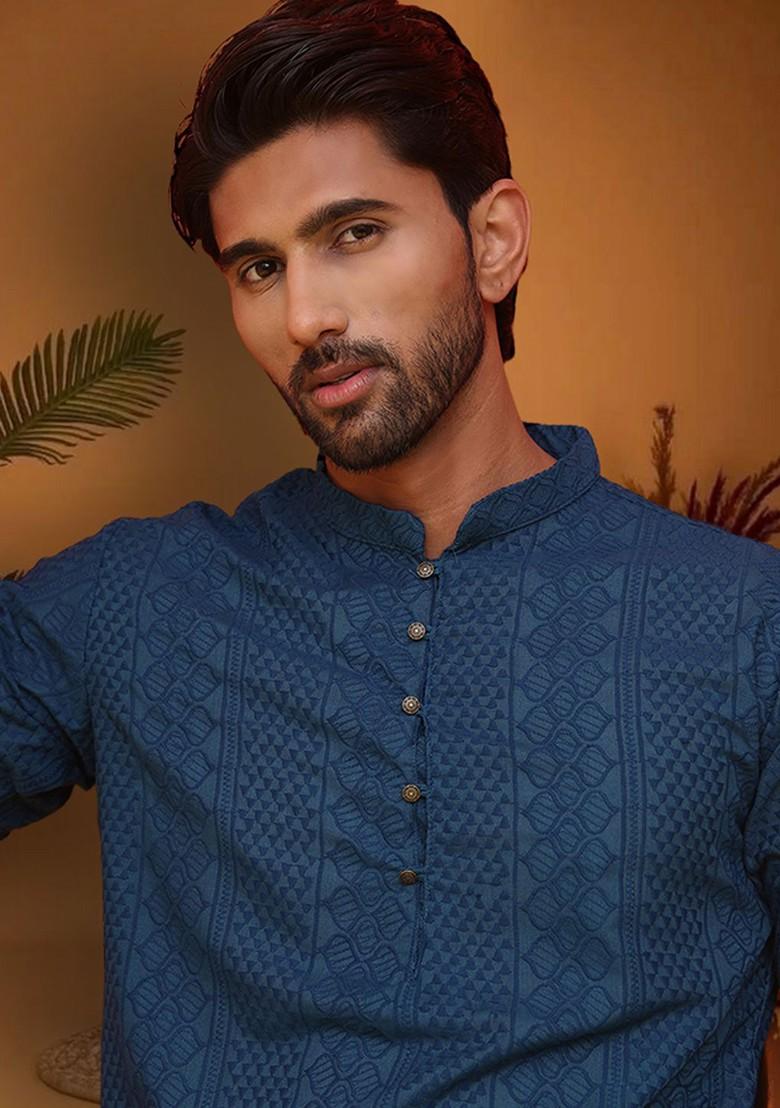 Teal Blue Embroidered Poly Blend Kurta For Men