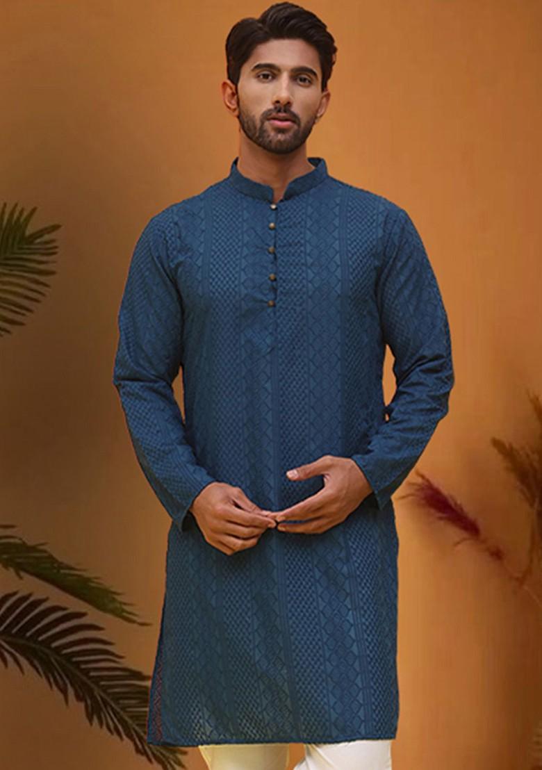 Teal Blue Embroidered Poly Blend Kurta For Men