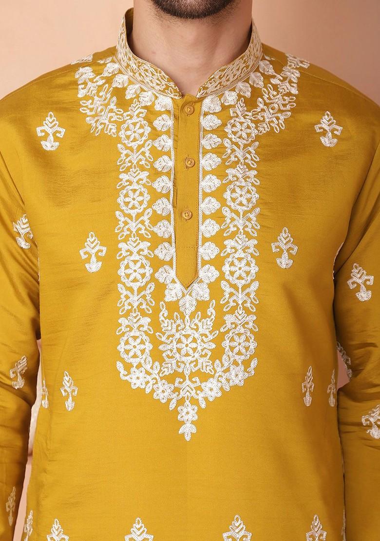 Mustard Yellow Embroidered Poly Blend Kurta For Men