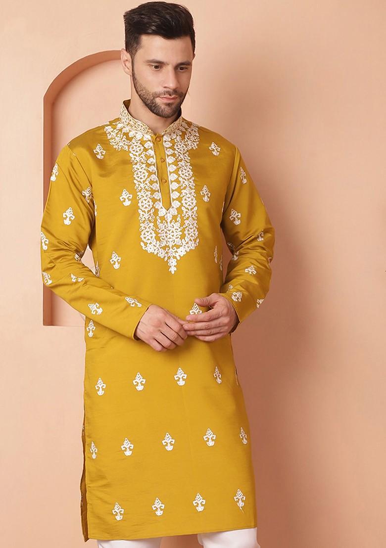 Mustard Yellow Embroidered Poly Blend Kurta For Men