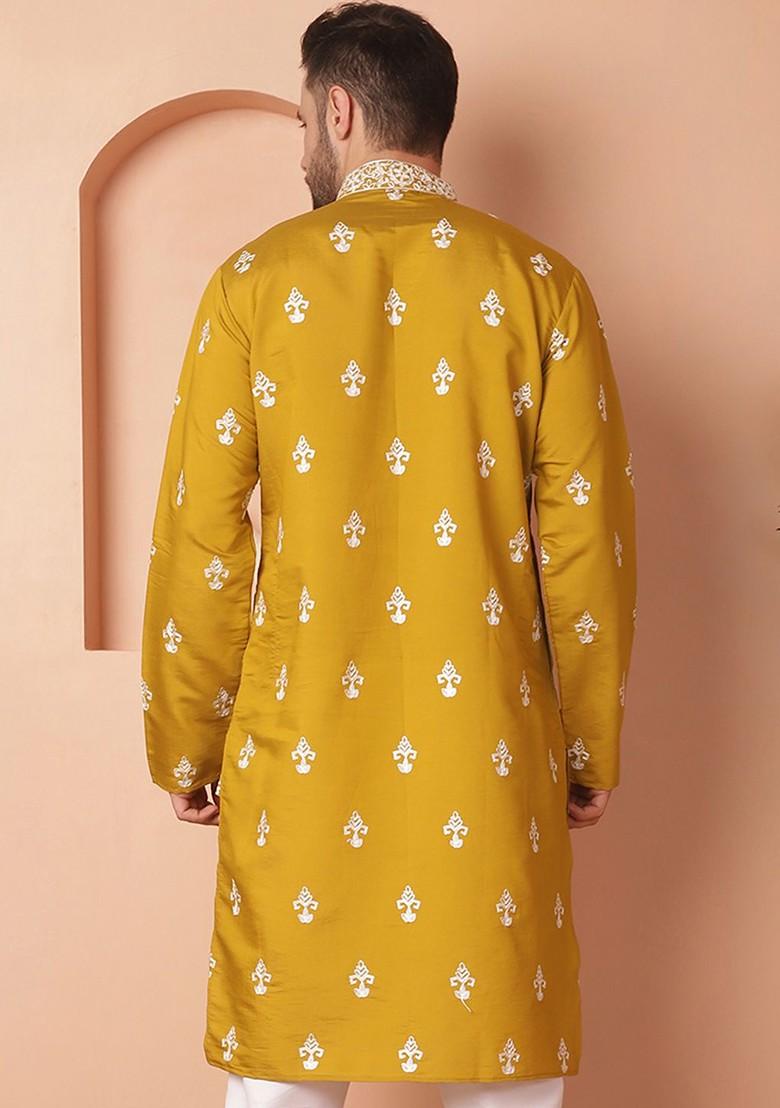 Mustard Yellow Embroidered Poly Blend Kurta For Men