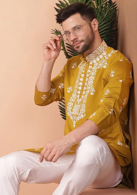Mustard Yellow Embroidered Poly Blend Kurta For Men