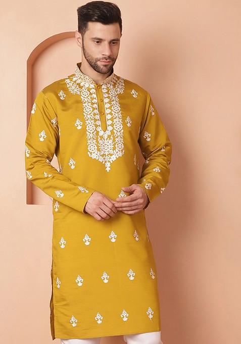 Mustard Yellow Embroidered Poly Blend Kurta For Men