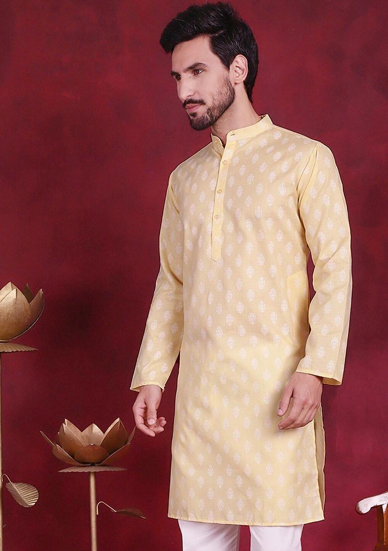 Yellow Printed Poly Blend Kurta For Men