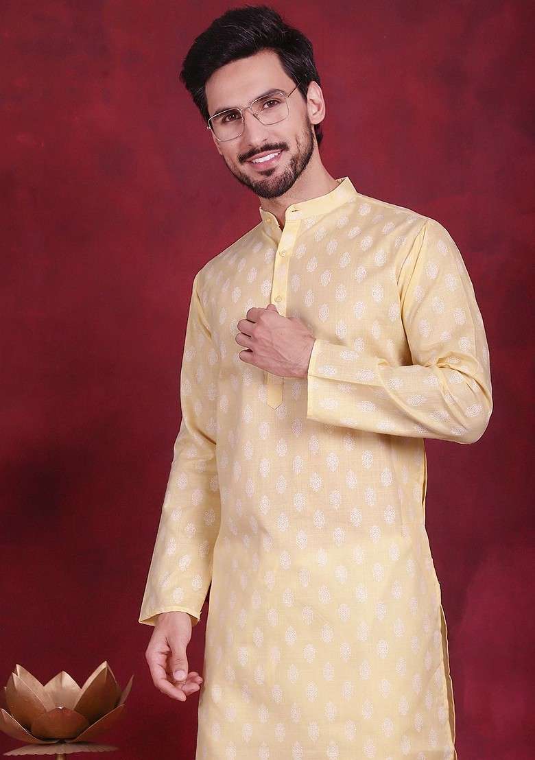 Yellow Printed Poly Blend Kurta For Men - Indya