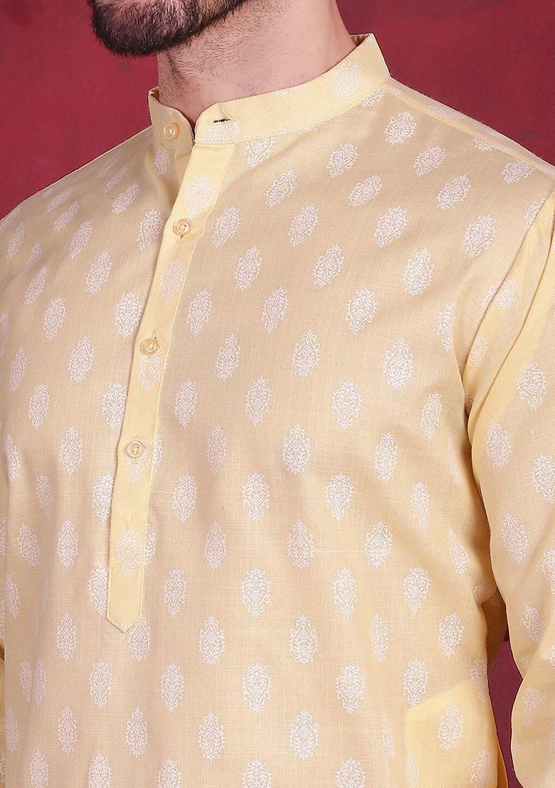 Yellow Printed Poly Blend Kurta For Men