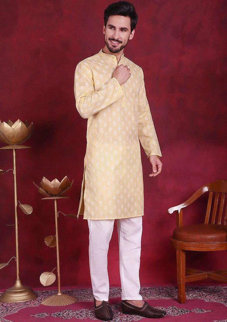 Yellow Printed Poly Blend Kurta For Men - Indya