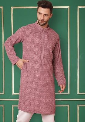 Magenta Embroidered Poly Blend Kurta For Men