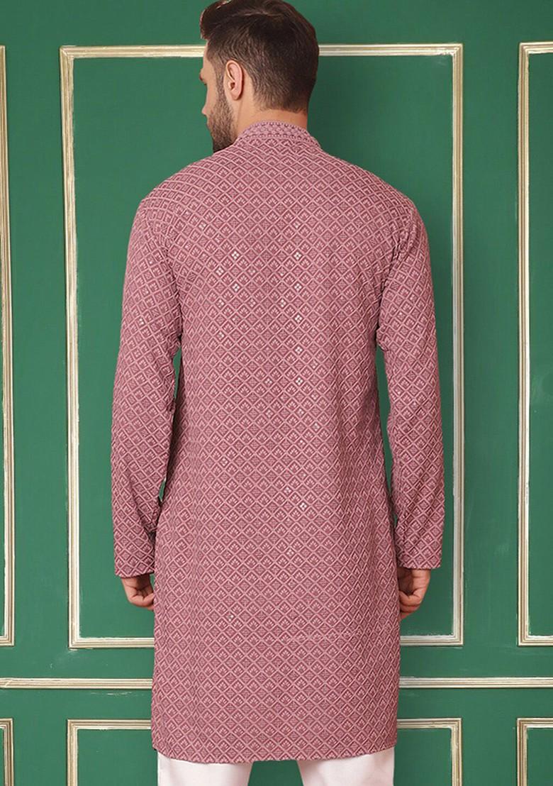 Magenta Embroidered Poly Blend Kurta For Men