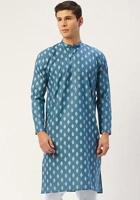 Teal Blue Ethnic Motif Poly Blend Kurta For Men